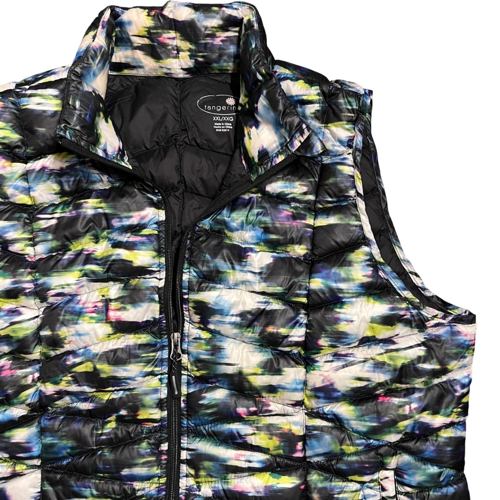 Tangerine Womens Duck Down Puffer Vest Black Print Full‎ Zip Lightweight XXL